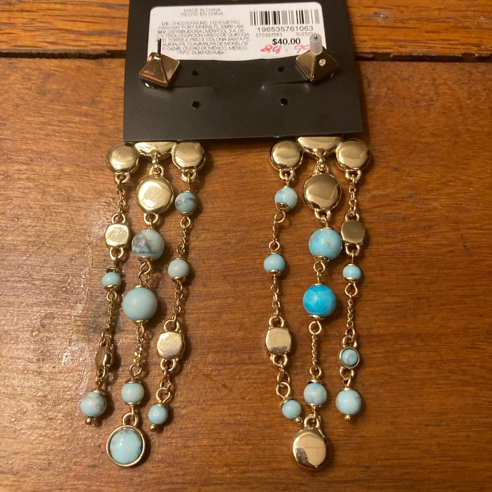 White House Black Market Gold and Turquoise Chandelier Earrings - Picture 3 of 6